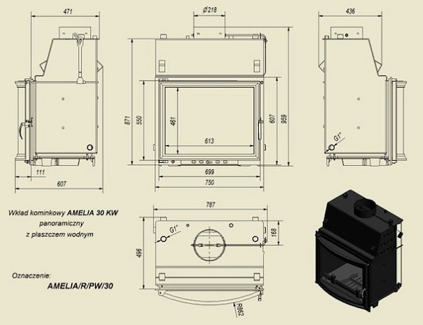 Топка с водяным контуром AMELIA/R/PW/30, панорамное стекло_2 Топка с водяным контуром AMELIA/R/PW/30, панорамное стекло_2